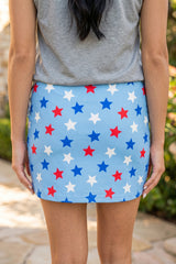 Sky Blue Patriotic Star Printed Beaded Drawstring Mini Skort