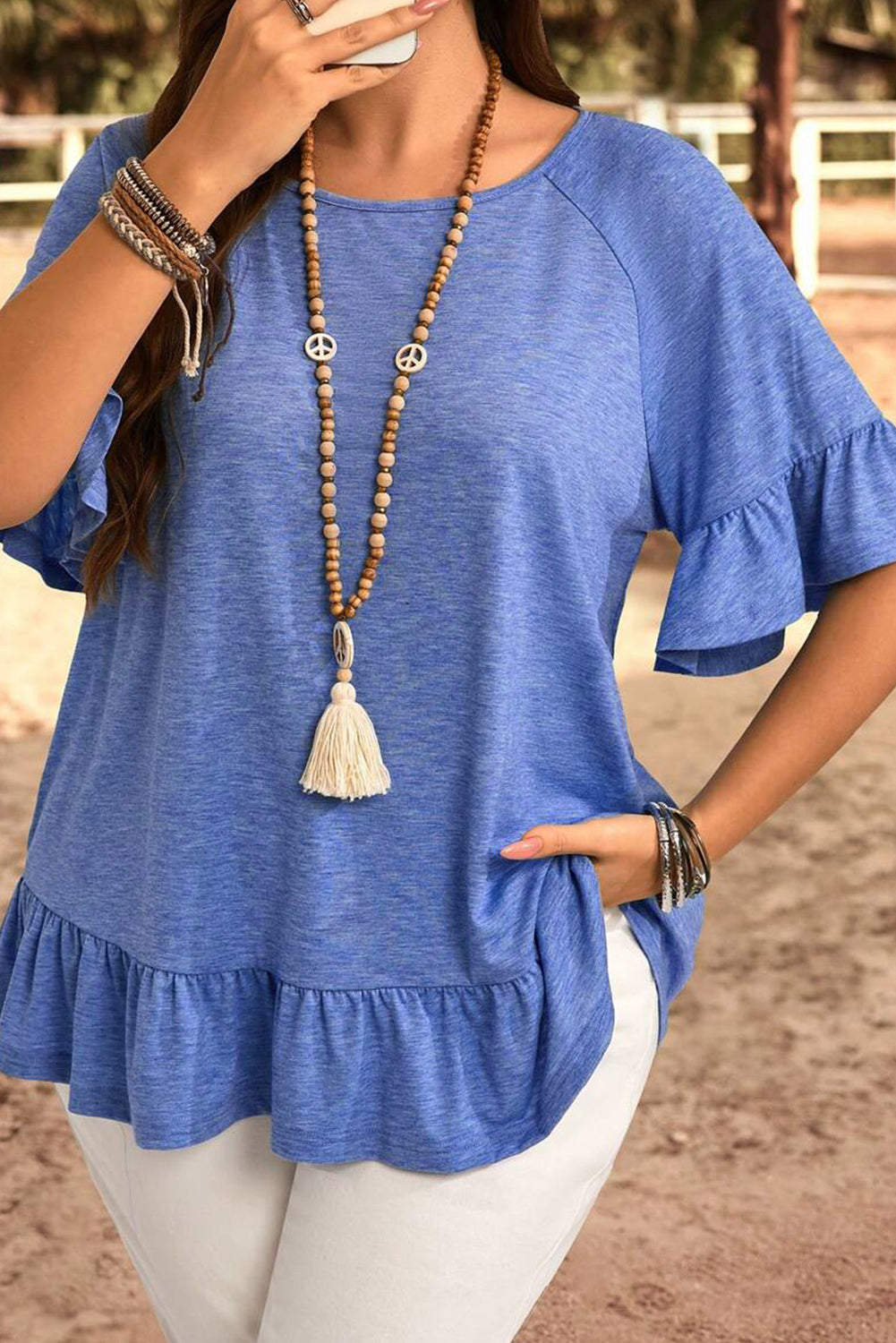 Light Blue Ruffled Short Sleeve Plus Size Casual Blouse