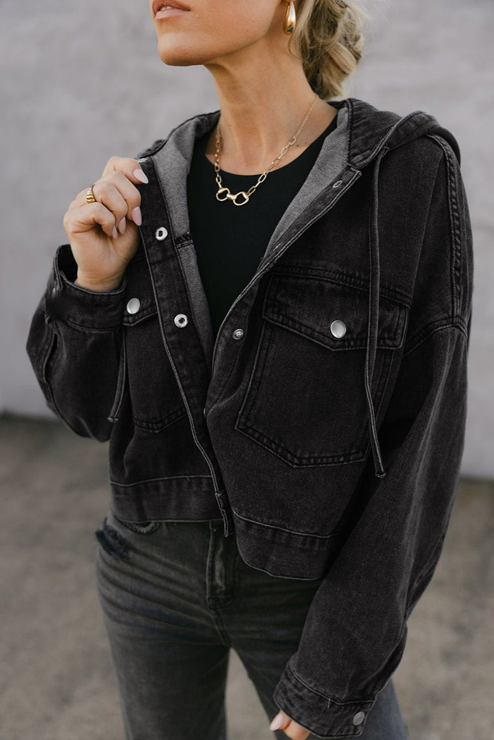 Black Chest Pocket Drop Shoulder Hooded Denim Jacket