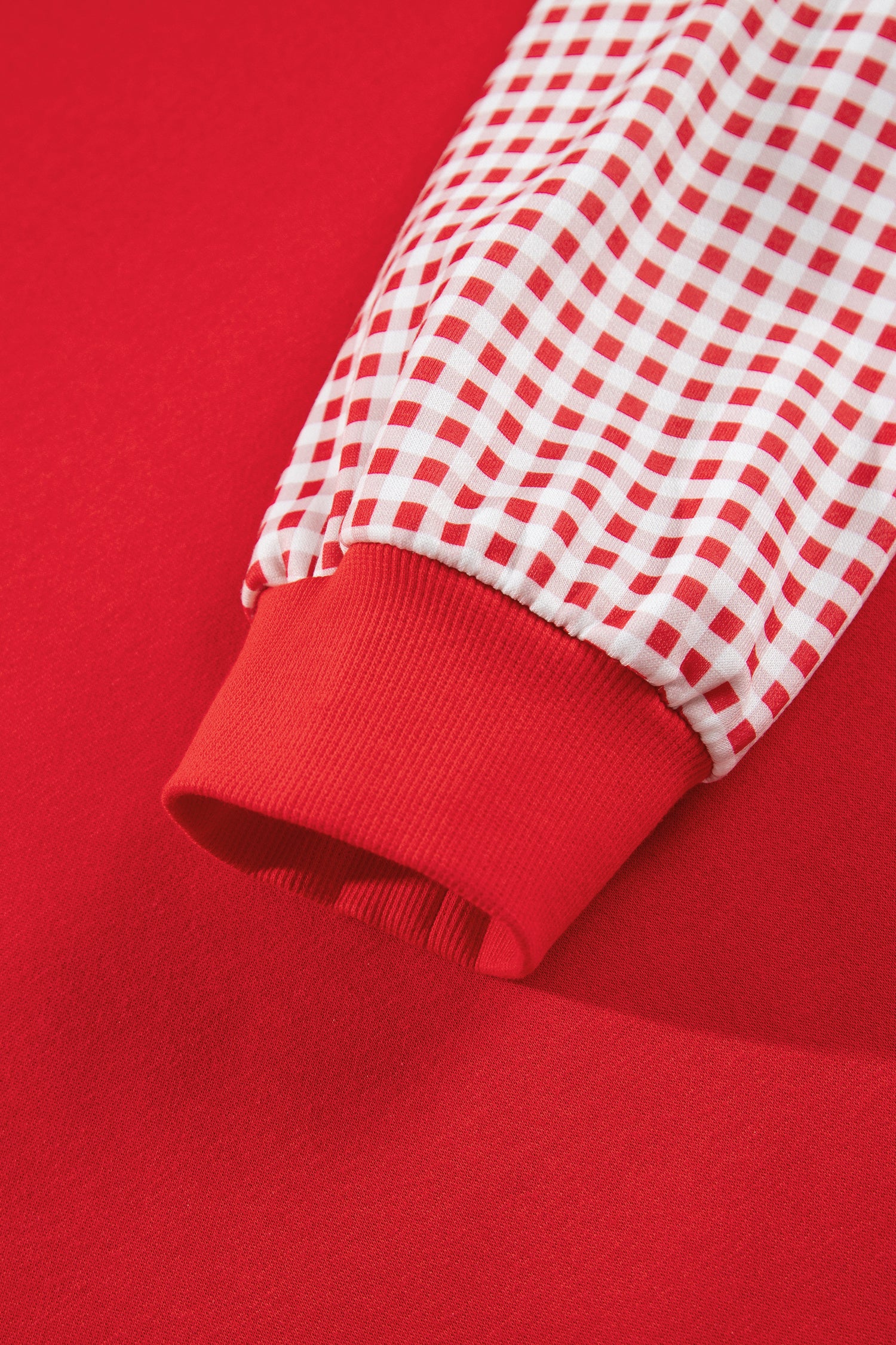Fiery Red Patchwork Plaid Loose Fit Long Sleeve Plus Size Sweatshirt