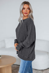 Dark Grey Knit Plain Long Sleeve Loose Top