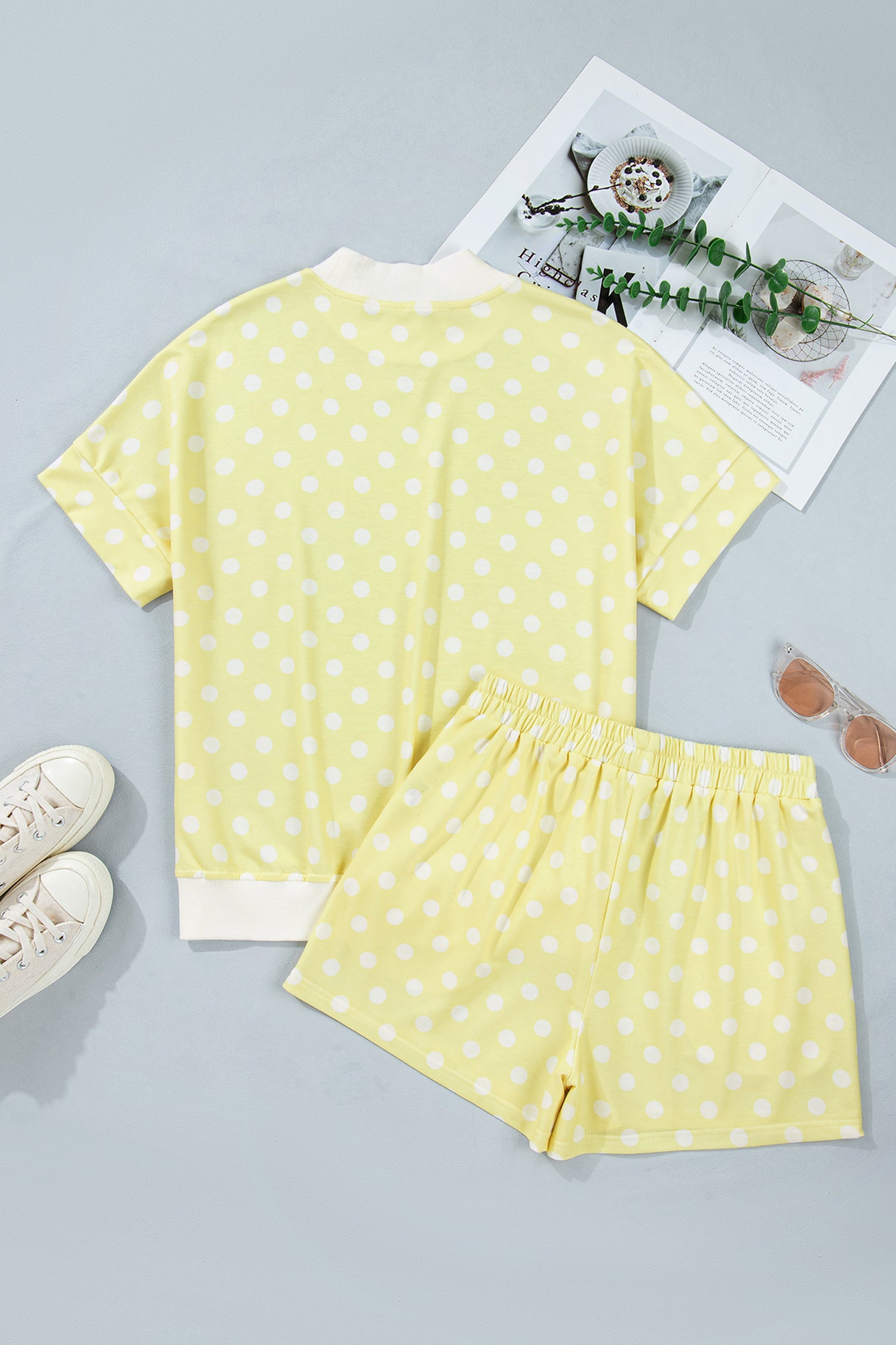 Pink Polka Dot Print Color Block Trim Mock Neck Short Set