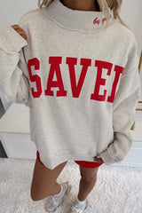 Gray Saved By Grace Embroidered Detail Letter Graphic High Neck Sweatshirt