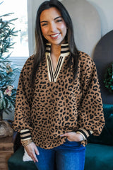 Brown Leopard Print Striped Trim Collar Long Sleeve Shift Pullover