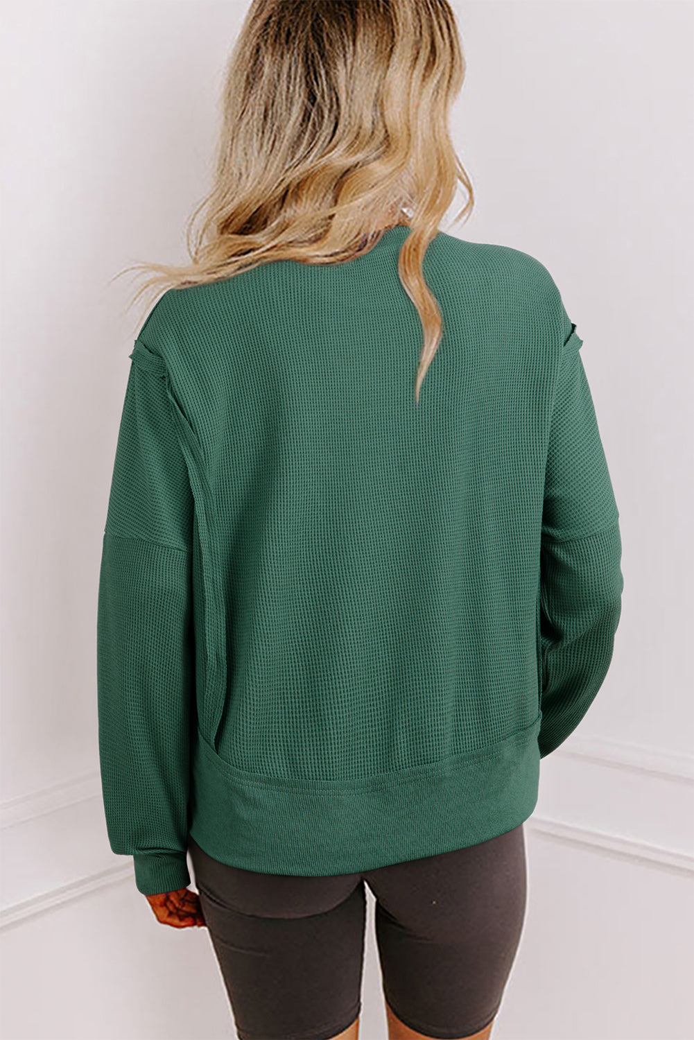 Evergreen Solid Color Raw Seam Patchwork Ribbed Drop Shoulder Sweatshirt