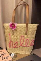 Khaki Hello Boho Handwoven Floral Accent Travel Tote Bag