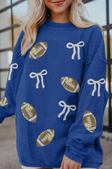 Dark Blue Corded Rib Sequin Rugby Bow Graphic Dropped Shoulder Sweatshirt