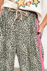 Brown Wild Leopard Print Contrast Lace Striped Detail Drawstring Pants