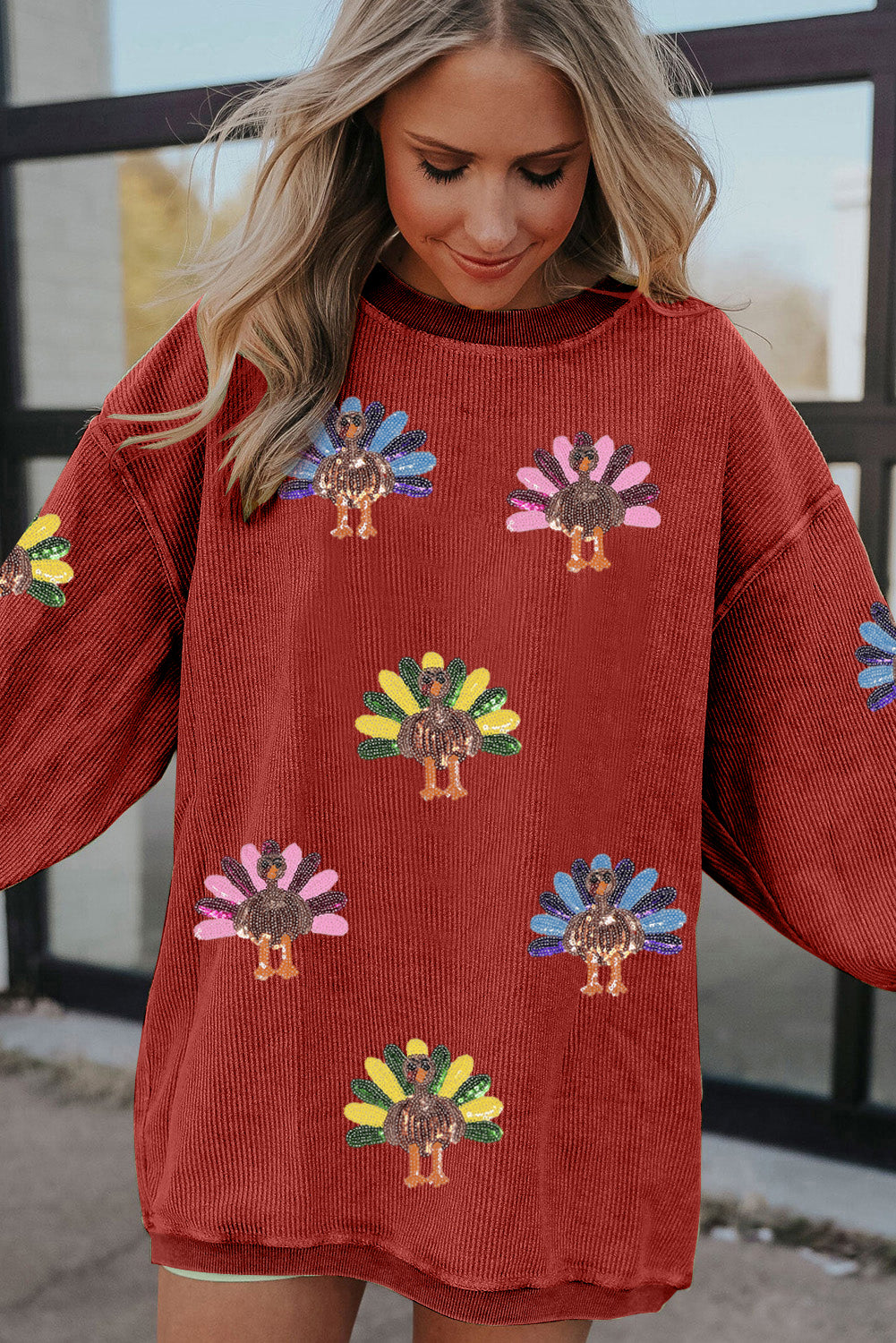 Smoke Gray Turkey Graphic Corded Baggy Sweatshirt