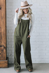 Jungle Green Button Adjustable Straps Solid Color Corduroy Jumpsuit