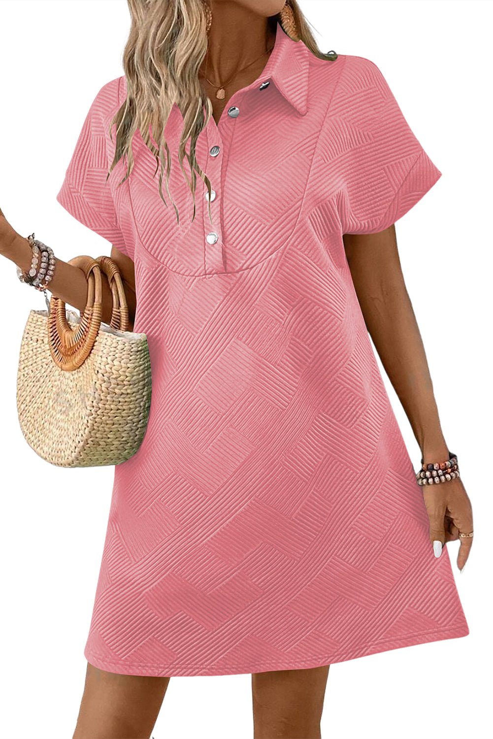 Sky Blue Solid Color Textured Short Sleeve A Line Mini Dress