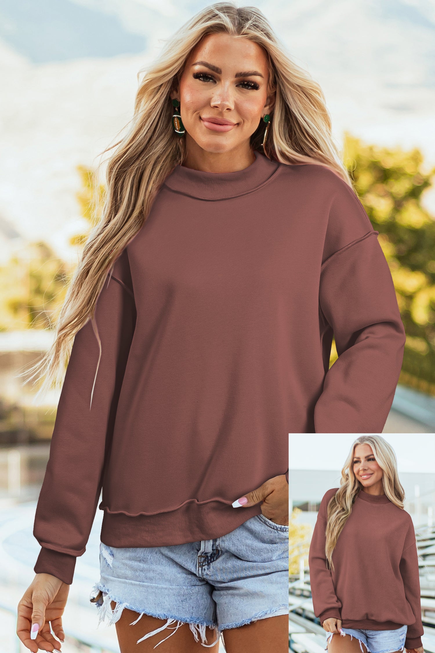 Black Oversize Drop Shoulder Reversible Mock Neck Sweatshirt