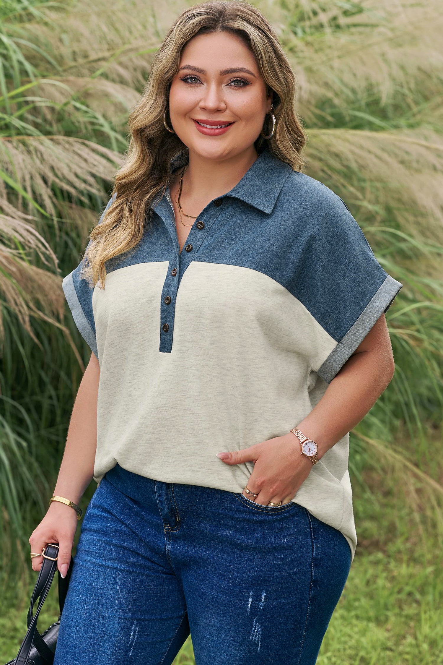 Light Grey Half Buttons Collared Denim Patchwork Plus Short Sleeve Top