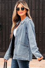 Myosotis Scallop Trim Collar Patched Pocket Button Up Mineral Washed Denim Jacket