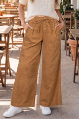 Thai Curry Elastic Waist Wooden Button Placket Ankle Length Wide Leg Pants