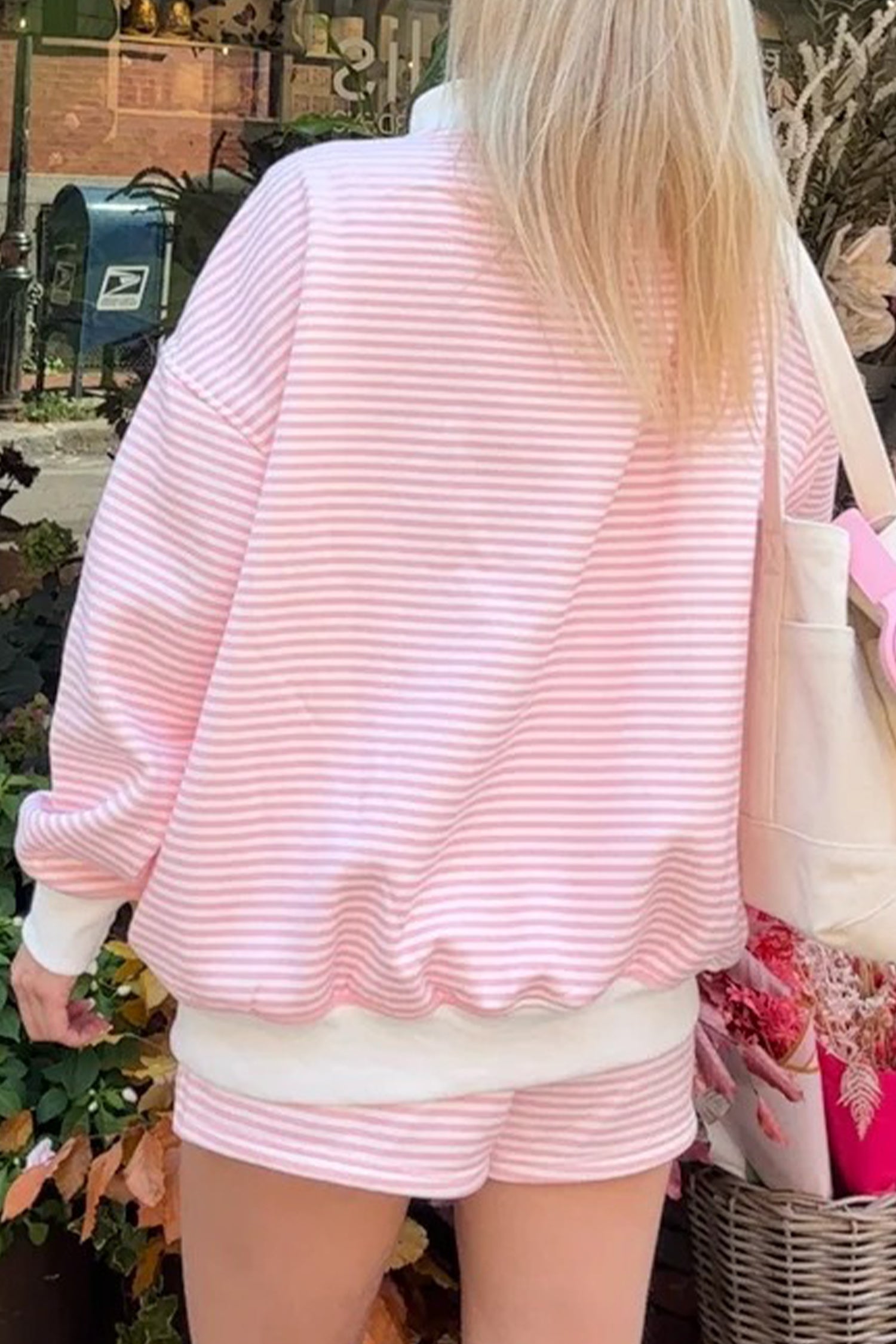 Pink Stripe Oversize Mock Neck Sweatshirt and Shorts Set