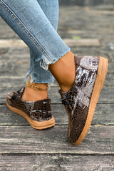 Coffee Sleek Snake Skin Print Lace-up Detail Comfort Loafer Shoes
