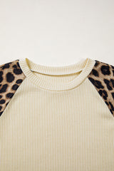 Apricot Ribbed Color Block Leopard Contrast Sleeve Loose Tee