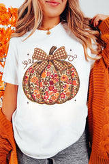 White Floral Pumpkin Print Round Neck Short Sleeve T-Shirt
