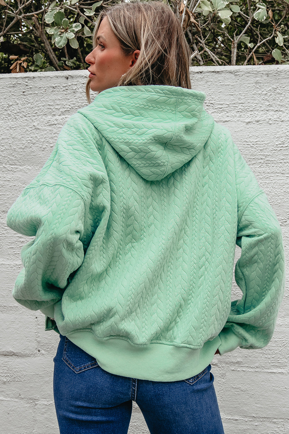 Moonlight Jade Cable Textured Baggy Solid Hoodie