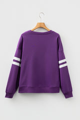 Tillandsia Purple Preppy Striped Sleeve Loose Sweatshirt