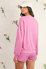 Sachet Pink Bow Embroidery Long Sleeve Pullover and High Waist Shorts Set