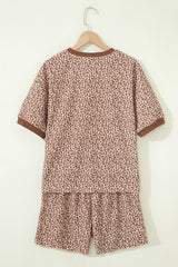 Brown Leopard Print Ribbed Patchwork Half Button Loose Tee Elastic Waist Short 2pcs Set