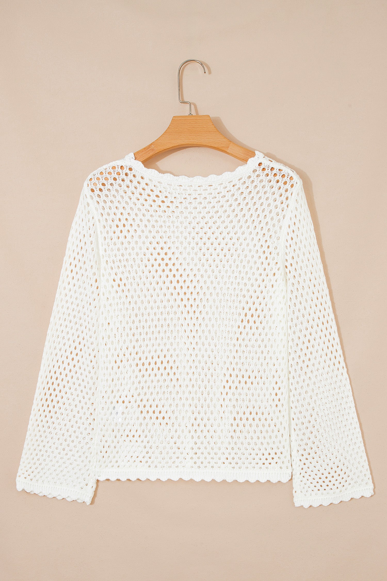 White Scalloped Trim Hollow Out Knit Long Sleeve Top