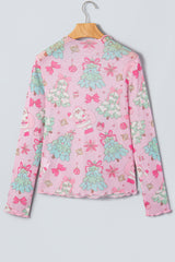Pink Abstract Print Stand Neck Slim Fit Long Sleeve Top