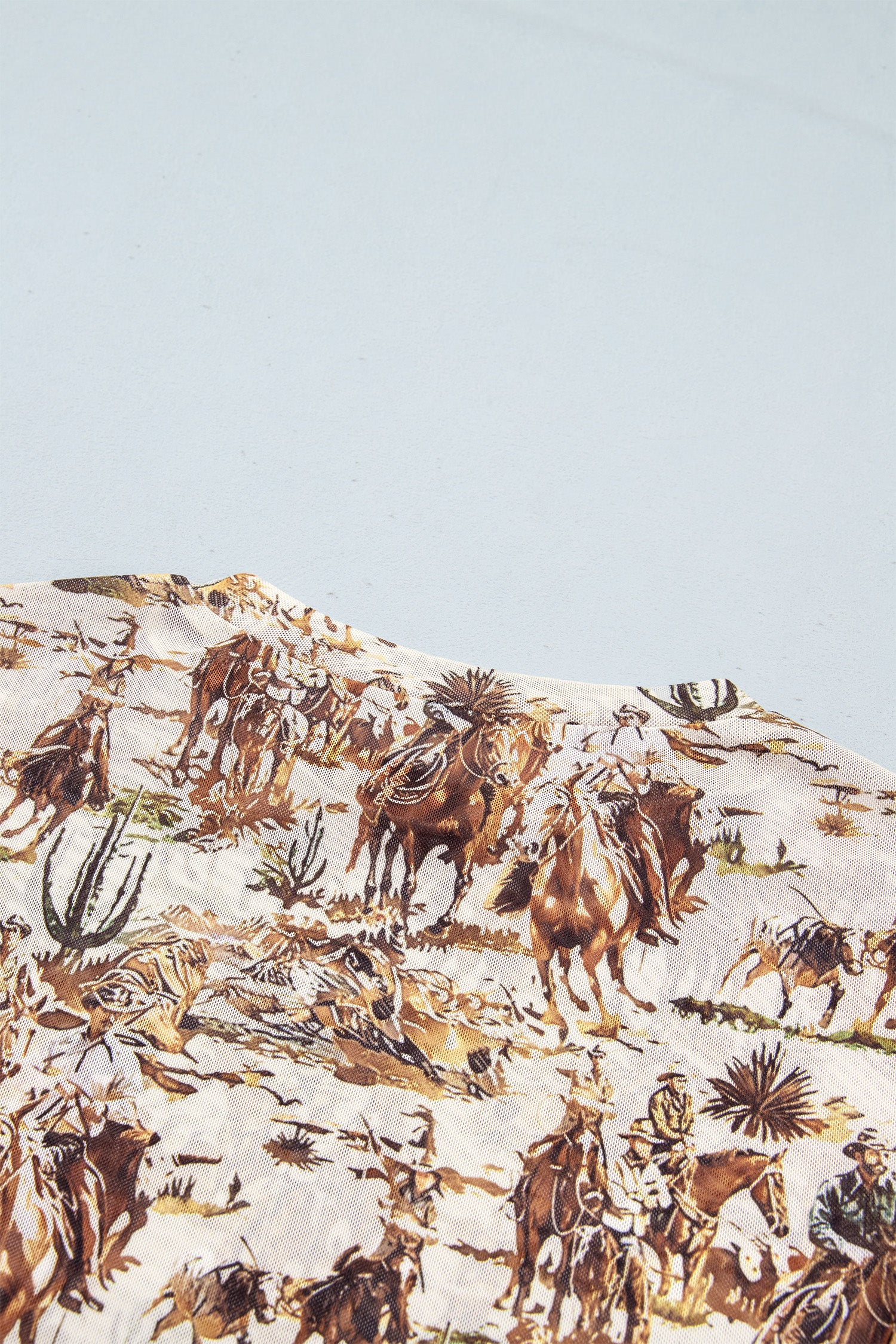 Brown Western Cowboy Floral Print Sheer Mesh Long Sleeve Top