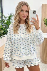 Sky Blue Floral Print Long Sleeve Top Elastic Waist Ruffle Hem Shorts 2pcs Set