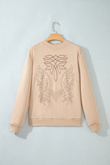 Light French Beige Western Embroidery Round Neck Pullover Long Sleeve Sweatshirt