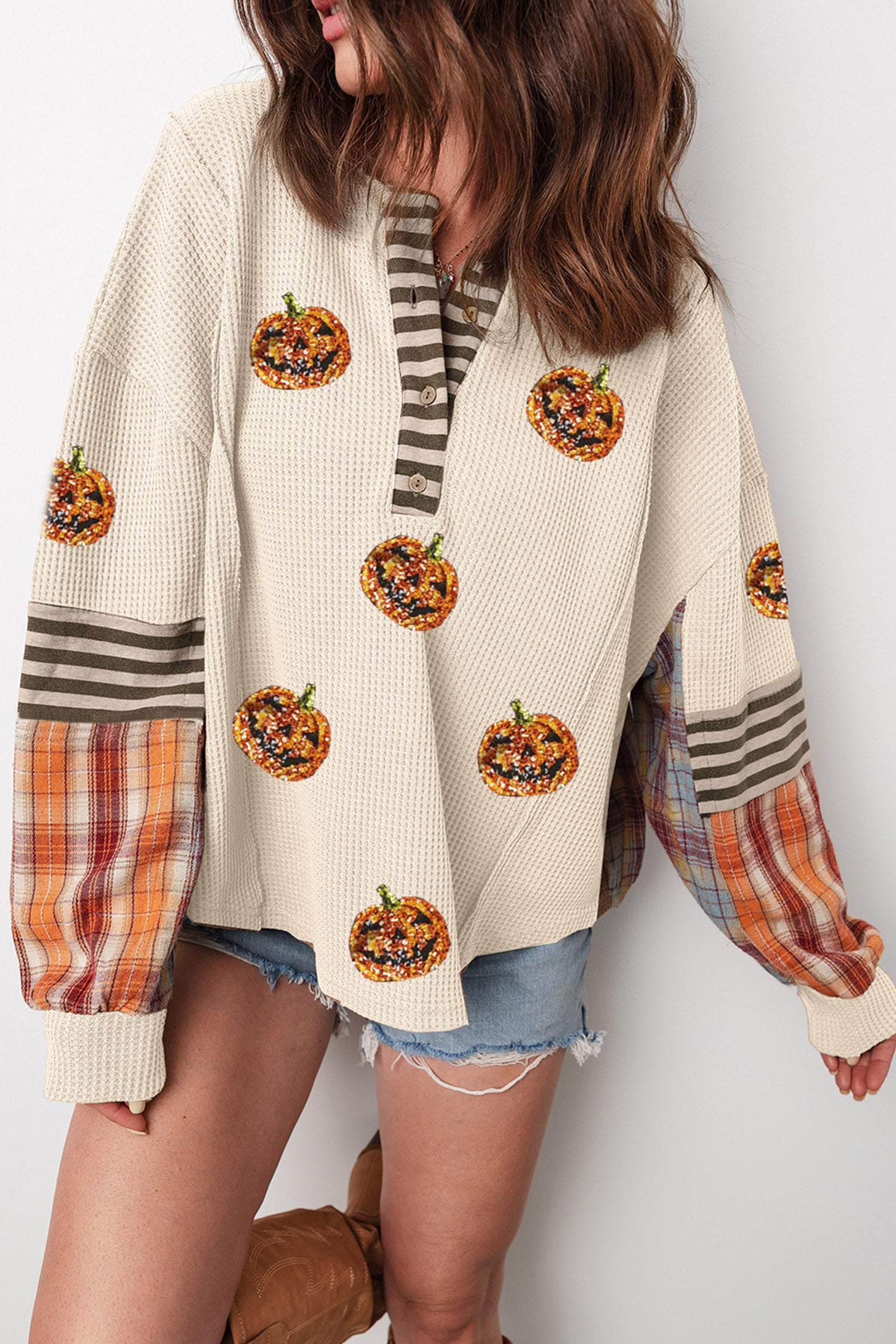 Beige Sequined Pumpkin Face Patched Henley Waffle Top