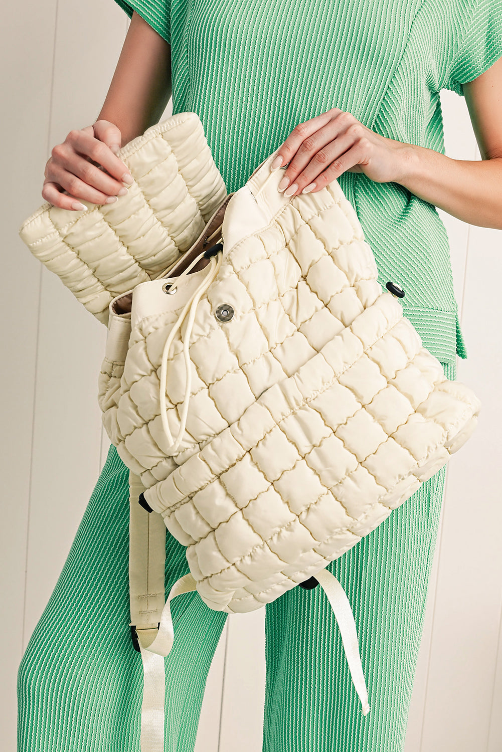 Medium Grey Solid Flapped Quilted Puffer Backpack