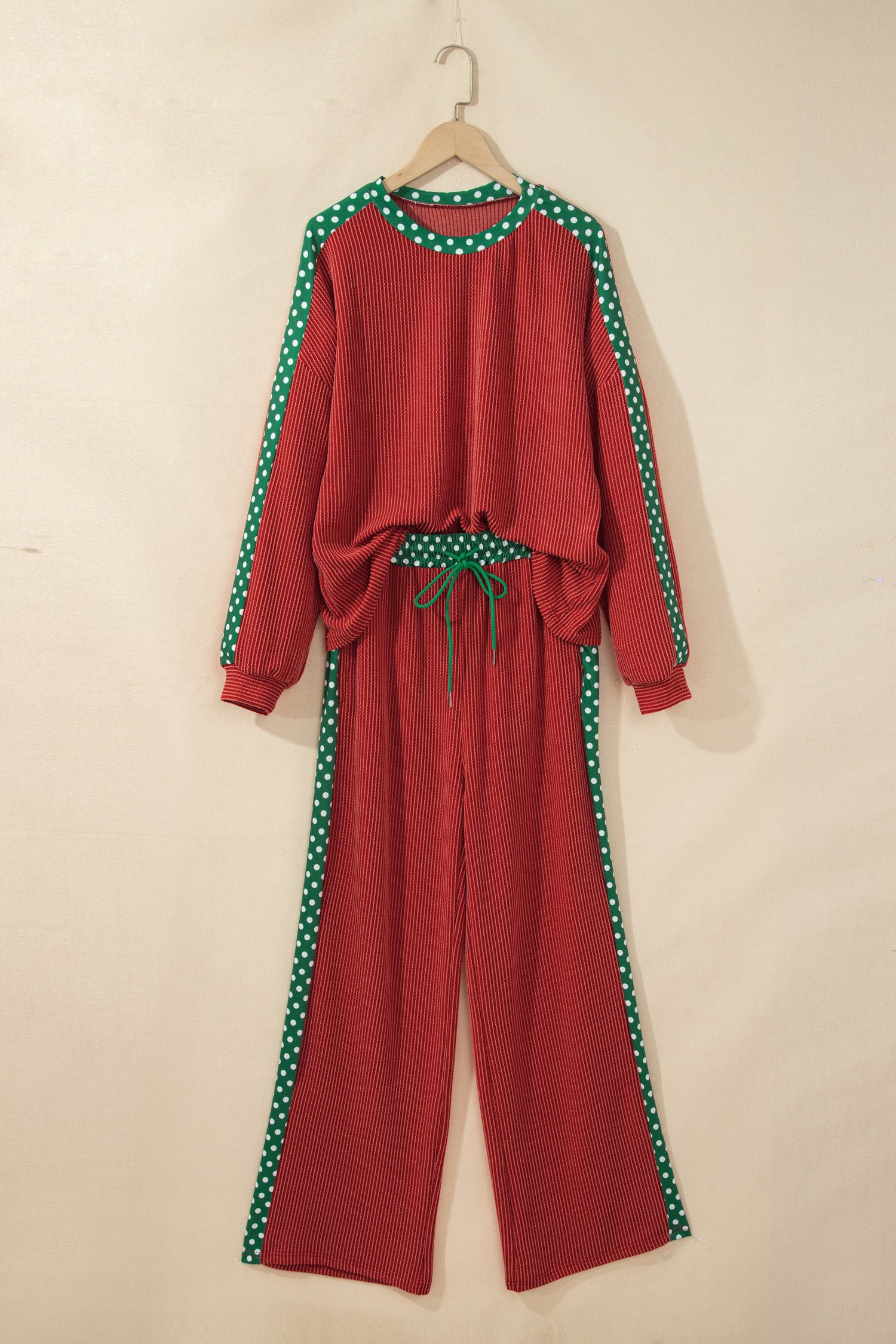 Red Cozy Ribbed Patchwork Polka Dot Trim Long Sleeve 2pcs Pant Set