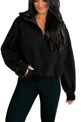 Black Half Zip Kangaroo Pocket Mineral Wash Baggy Hoodie
