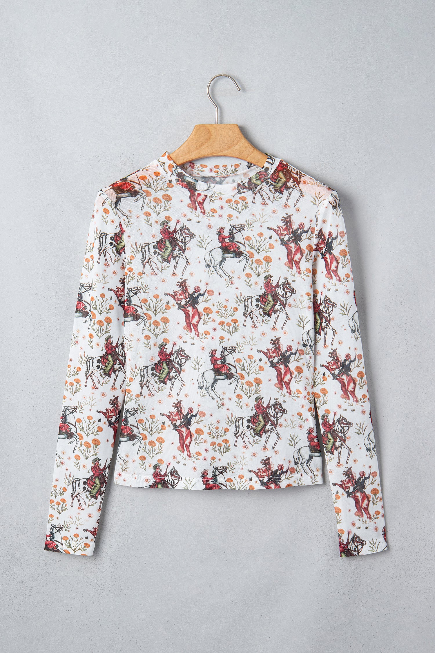 Brown Western Cowboy Floral Print Sheer Mesh Long Sleeve Top