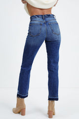 Dark Blue Whiskered Wash Raw Hem Cropped Jeans