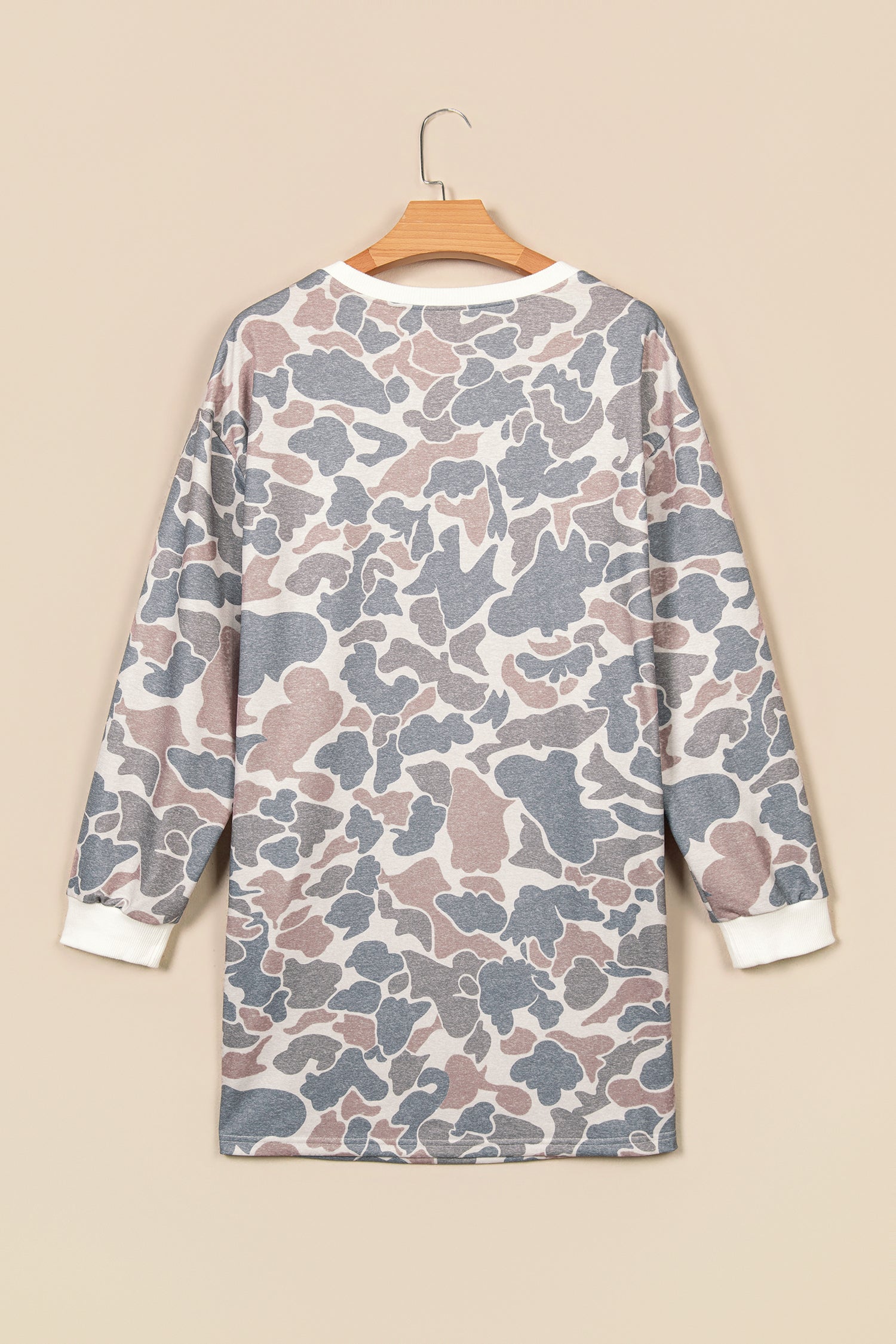 Beige Botanical Camo Print Long Sleeve Pocket Mini Dress