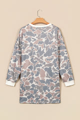 Beige Botanical Camo Print Long Sleeve Pocket Mini Dress