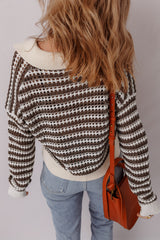 Brown Stripe Eyelet Hollow-out Contrast Collared Pullover Chic Sweater