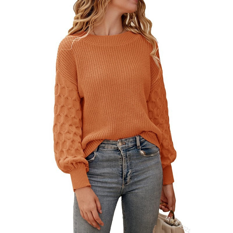 Lantern Sleeve Knitted Solid Color Top