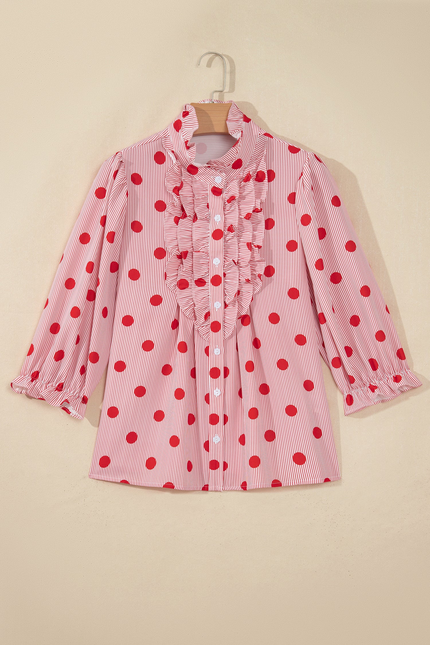 Black white Polka Dot Striped Print Ruffle Stand Neck 3/4 Sleeve Shift Shirt