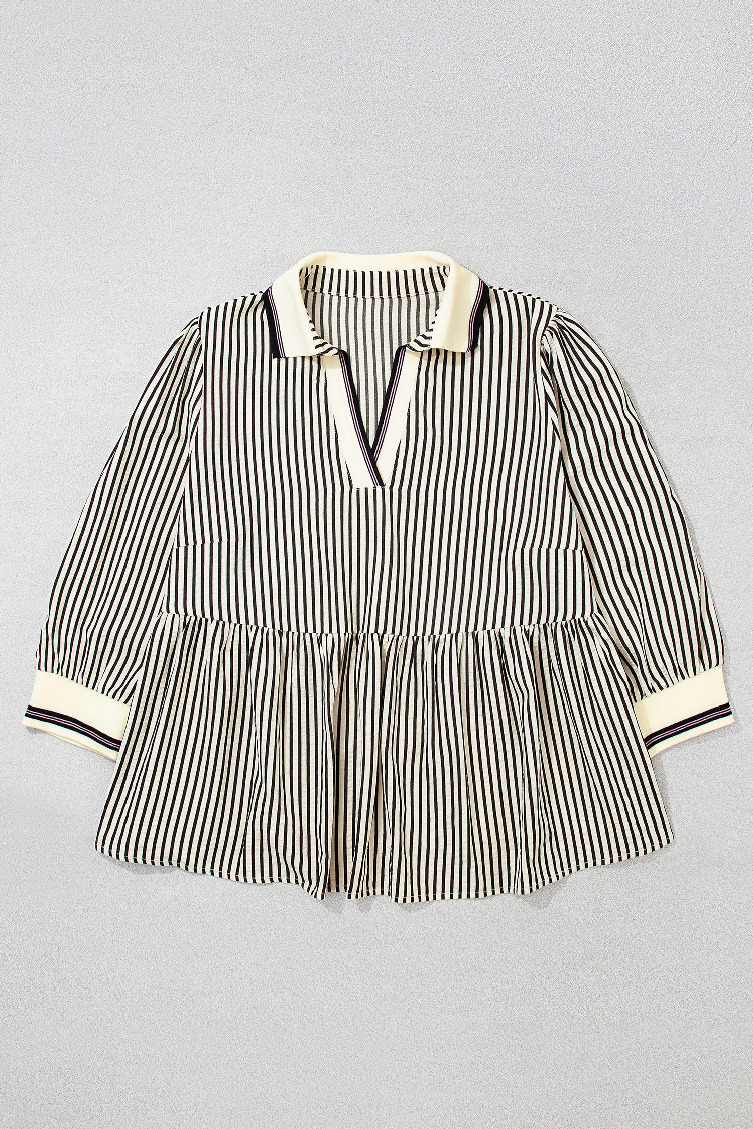 Black Stripe Patchwork Striped V Neck Tunic Plus Size Blouse