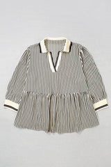 Black Stripe Patchwork Striped V Neck Tunic Plus Size Blouse