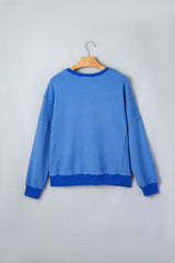 Blue Stripe Ribbed Cuffs Hem Long Sleeve Pullover Top