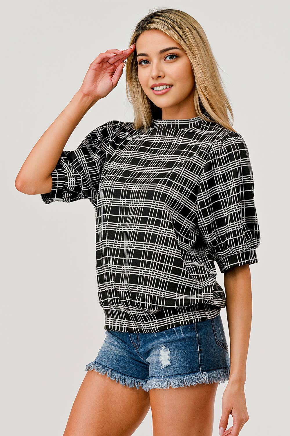 ROUND NECK 1/2 SLEEVE PLAID PUFFY SLEEVE TOP