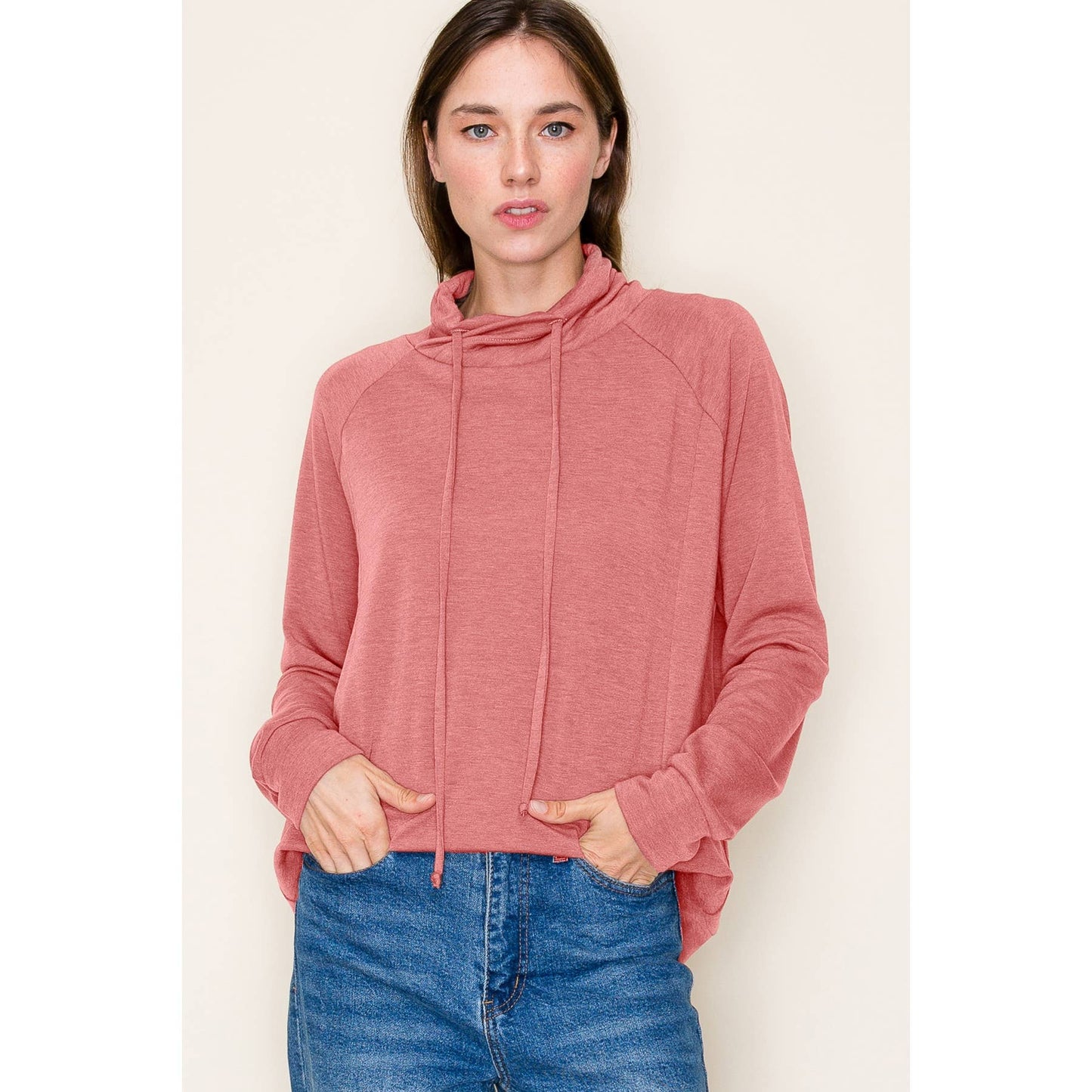 DRAWSTRING COWL NECK LONG SLEEVE FRENCH TERRY TOP