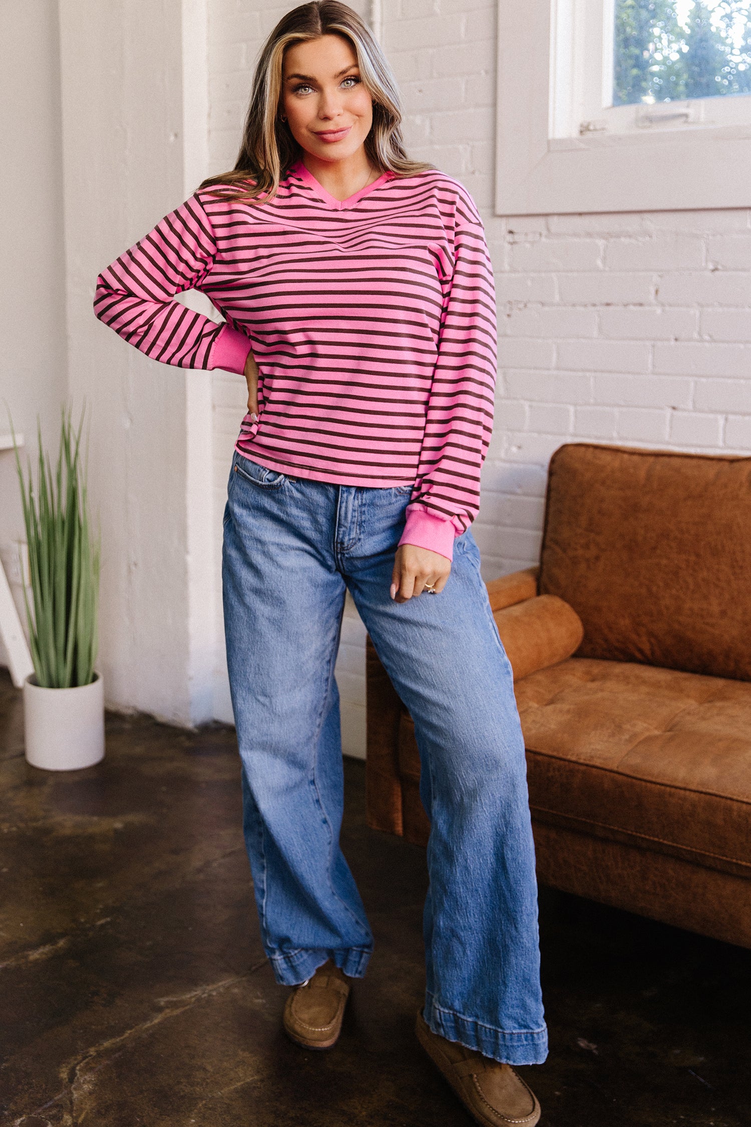 Pink Stripe V Neck Drop Shoulder Long Sleeve Top