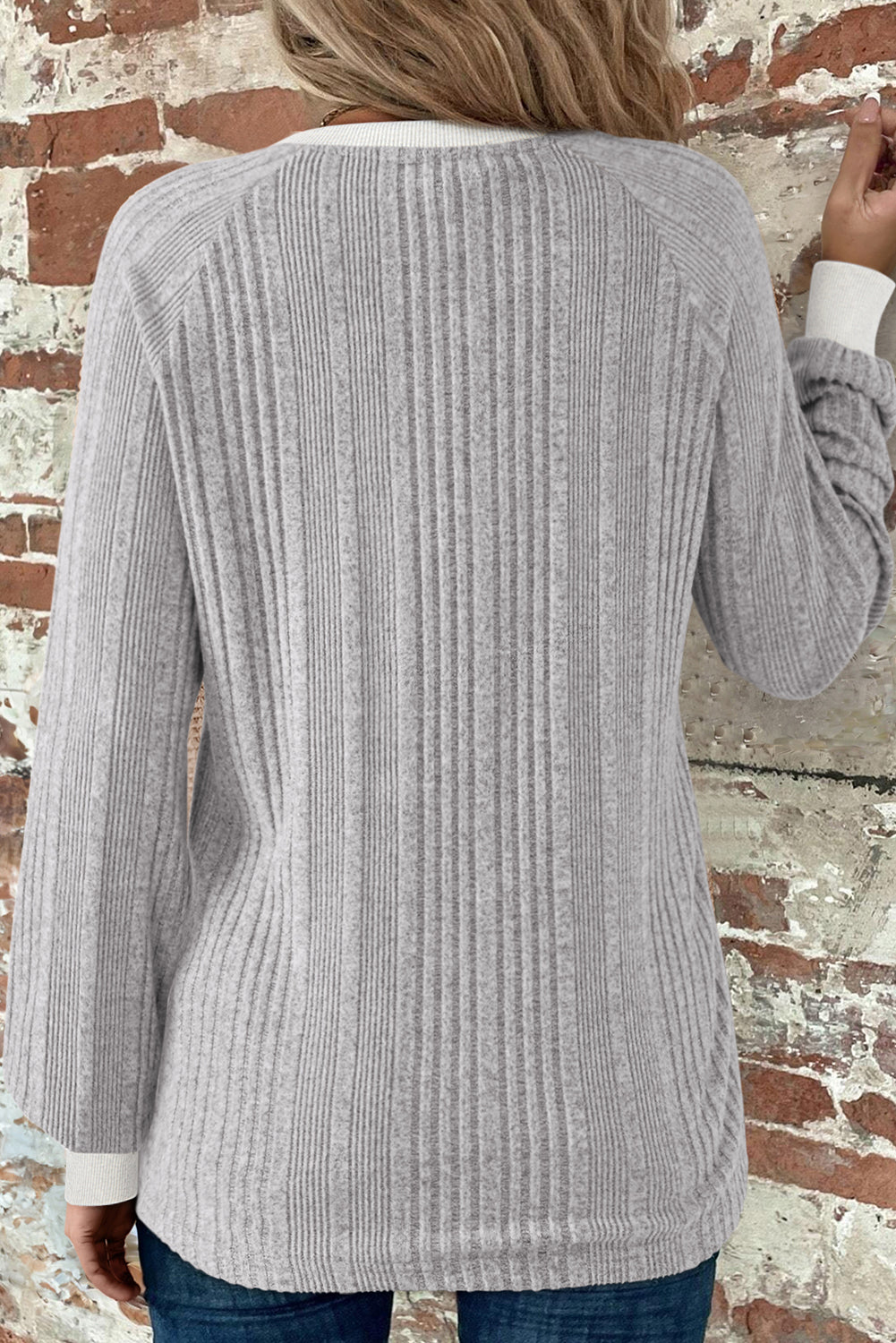 Gray Rib Texture Contrast Trim Round Neck Long Sleeve Top